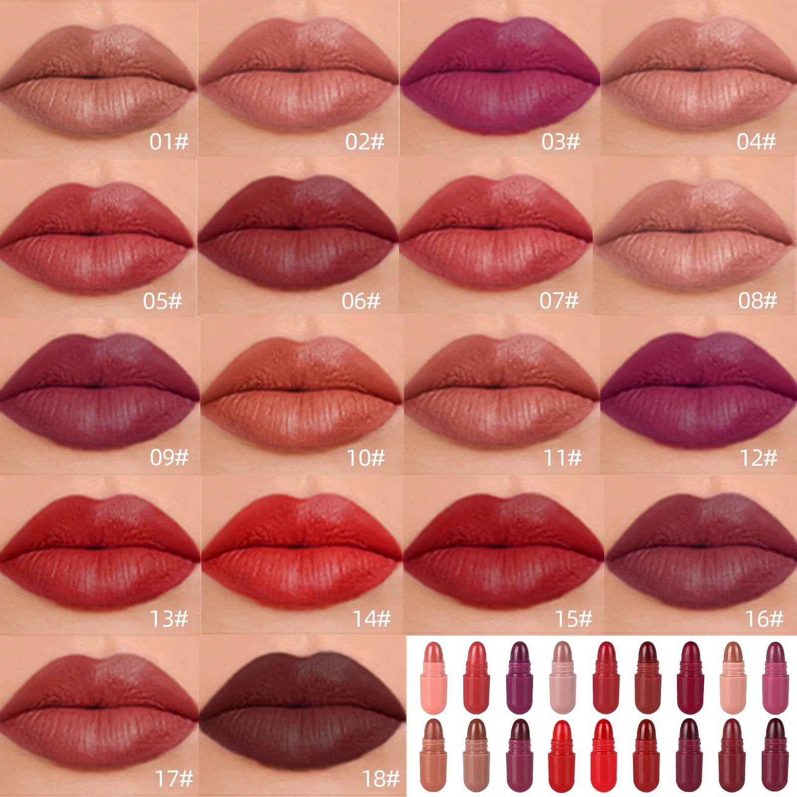 Set 18 mini capsules rouges à lèvres mat colorées TrendNest Suisse