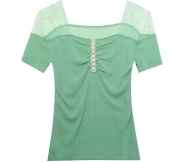 Women's Square Collar Shiny Diamond T-Shirt